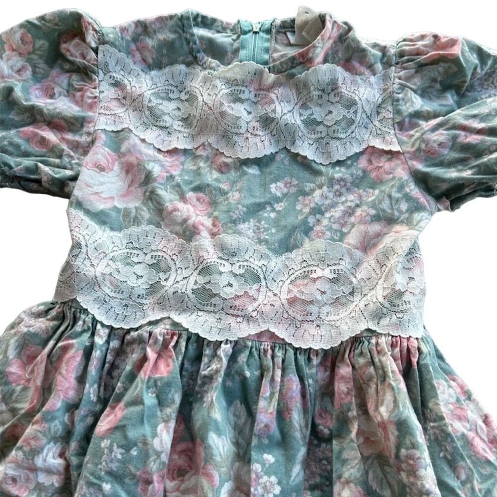 Vintage Rare Editions Girls Floral Cotton Dress Lace Trim Size 6X USA Made - Picture 2 of 5